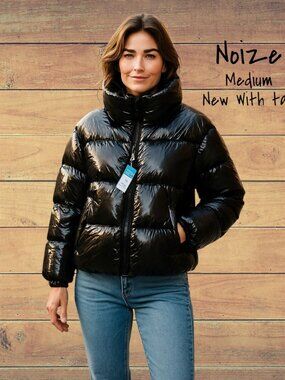 Noize Vegan Patent Puffer Jacket Black - Medium Size, New with Tags